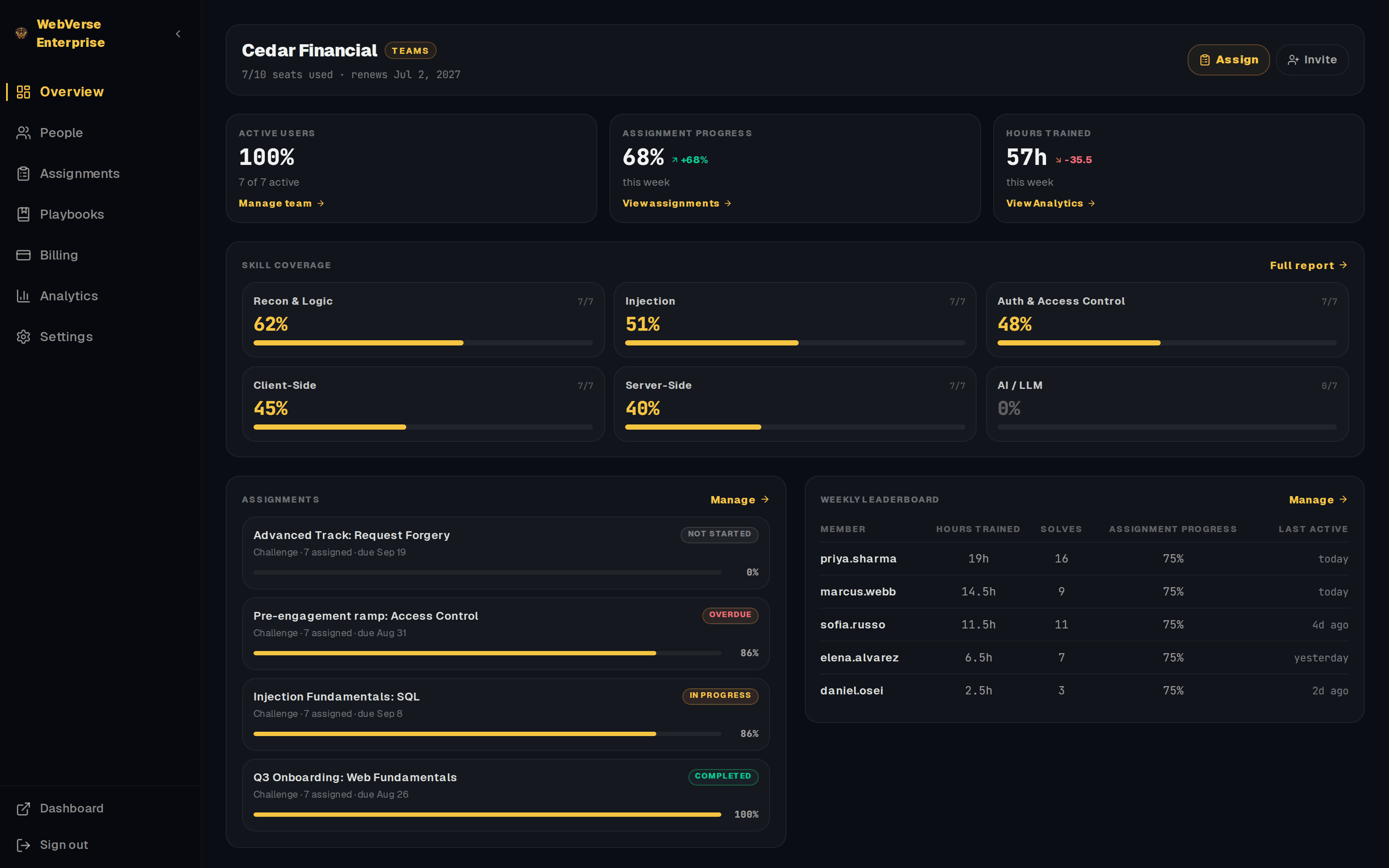 WebVerse for Teams team overview: seats, skill coverage, assignments, and leaderboard